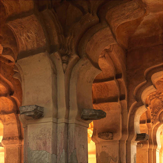 Hampi - Golden Hour Whispers: The Sunlit Secrets of Lotus Mahal's Avian Carvings (with Frame)