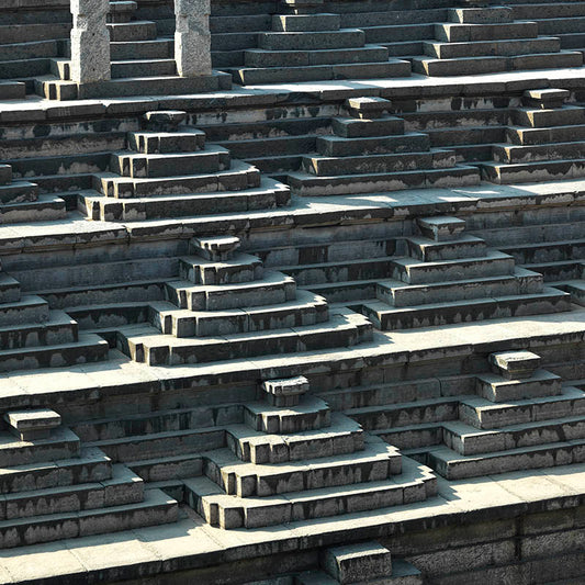 Hampi - Eternal Echoes: Shadows and Stone in Hampi's Geometric Step (with Frame)