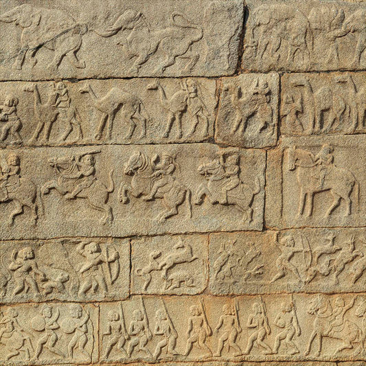 Hampi - Stories carved in stone near Mahanavmi Dibba. A Unesco World Heritage Site (with Frame)