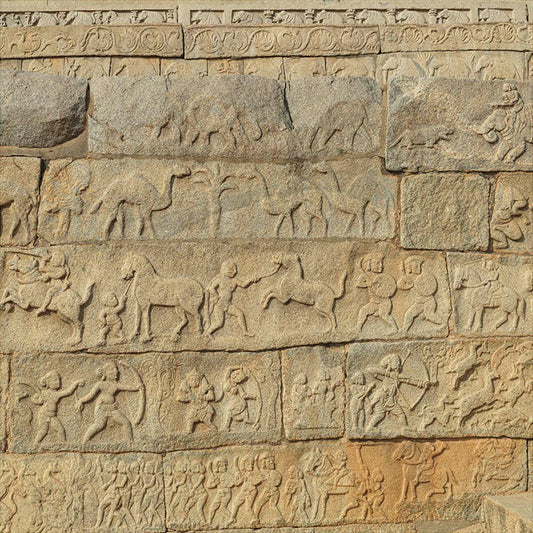 Hampi - Stories carved in stone near Mahanavmi Dibba. A Unesco World Heritage Site (with Frame)