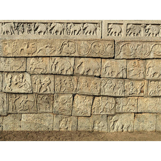 Hampi - Stories carved in stone near Mahanavmi Dibba. A Unesco World Heritage Site (with Frame)