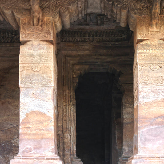Badami Caves - Sculpture and Pillars (with Frame)