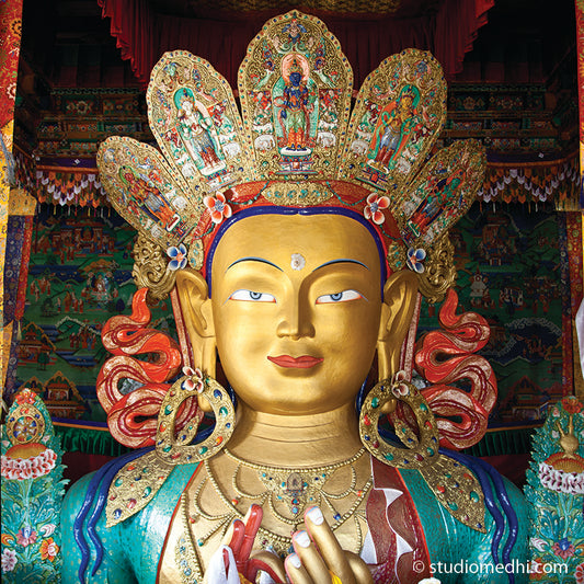 Ladakh - Maitreya Buddha at Thiksey Monastery. It contains a 15 metres (49 ft) high statue of Maitreya Buddha, the largest such statue in Ladakh, covering two stories of the building. Ladakh is most famous for breathtaking landscapes, the crystal clear skies, the highest mountain passes, thrilling adventure activities, Buddhist Monasteries and festivals. (_MG_5908 Ladakh Col) This Fine Art Photograph is printed on Canvas.