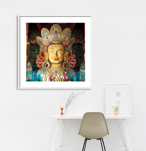 Ladakh - Maitreya Buddha at Thiksey Monastery. It contains a 15 metres (49 ft) high statue of Maitreya Buddha, the largest such statue in Ladakh, covering two stories of the building. Ladakh is most famous for breathtaking landscapes, the crystal clear skies, the highest mountain passes, thrilling adventure activities, Buddhist Monasteries and festivals. (_MG_5908 Ladakh Col) This Fine Art Photograph is printed on Canvas.