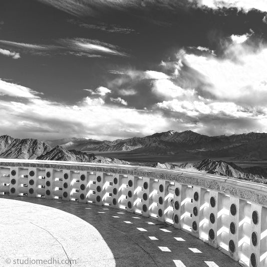 Shanti Stupa is a Buddhist white-domed Stupa (chorten) on a hilltop in Chanspa, Leh district, Ladakh, in north India. Ladakh is most famous for breathtaking landscapes, the crystal clear skies, the highest mountain passes, thrilling adventure activities, Buddhist Monasteries and festivals. (_MG_6001 Ladakh) This Fine Art Photograph is printed on Canvas.