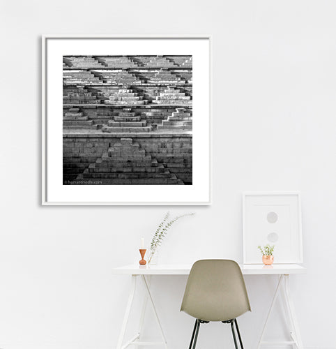Step well carved in a stone. Hampi, a World Heritage Site situated in Karnataka, India. (0132) This is located at Mahanavmi Dibba, Hampi. Indian Heritage, Art and Culture. A beautiful composition of the steps, pattern and beautiful play of light and shadows. This Fine Art Photograph is printed on Canvas. Fine Art Photography on Canvas Printing Indian Temples Fine Art Culture Carving Stone Black and White black&white B&W World Heritage Site BW Hampi Abstract