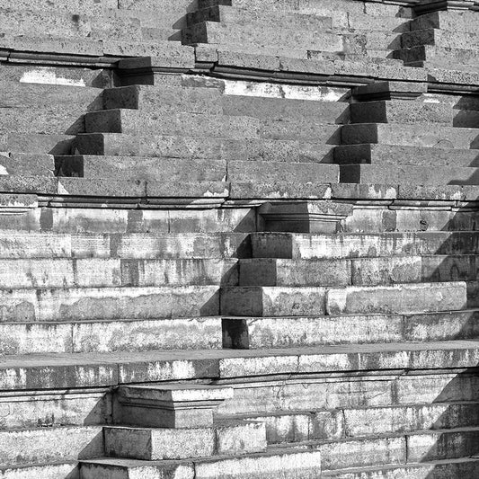 Step well carved in a stone. Hampi, a World Heritage Site situated in Karnataka, India. (0132) This is located at Mahanavmi Dibba, Hampi. Indian Heritage, Art and Culture. A beautiful composition of the steps, pattern and beautiful play of light and shadows. This Fine Art Photograph is printed on Canvas. Fine Art Photography on Canvas Printing Indian Temples Fine Art Culture Carving Stone Black and White black&white B&W World Heritage Site BW Hampi Abstract