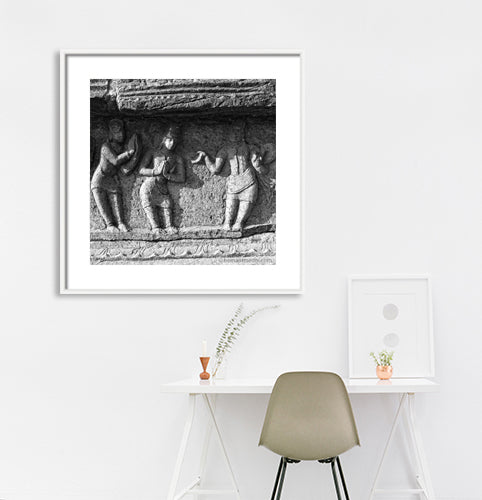 Stone Carving at Hampi, a World Heritage Site situated in Karnataka, India. This is located at Mahanavmi Dibba, Hampi. Indian Heritage, Art and Culture. A beautiful composition of the Guru Shishya (Teacher and Students). (0142Hampi) Carved in stone at the basement of Mahanavmi DIbba area. Fine Art Photography on Canvas Printing Indian Temples Fine Art Culture Carving Stone Black and White black&white B&W World Heritage Site BW Hampi
