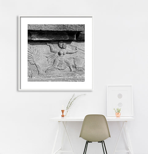 Dancing Lady carved in a stone. (0143) Hampi, a World Heritage Site situated in Karnataka, India. This is located at Mahanavmi Dibba, Hampi. Indian Heritage, Art and Culture. This Fine Art Photograph is printed on Canvas. Available in 9x9 inches, 12x12 inches and 24x24 inches. Customised sizes are also available on request. Fine Art Photography on Canvas Printing Indian Temples Fine Art Culture Carving Stone Black and White black&white B&W World Heritage Site BW Hampi