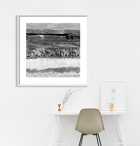 Elephants Stone Carving Pattika at Hampi. (0145Hampi) A World Heritage Site situated in Karnataka, India. This is located at Mahanavmi Dibba, Hampi. Indian Heritage, Art and Culture. A beautiful composition of the Elephant, pattern and beautiful play of light and shadows. Fine Art Photography on Canvas Printing Indian Temples Fine Art Culture Carving Stone Black and White black&white B&W World Heritage Site BW Hampi