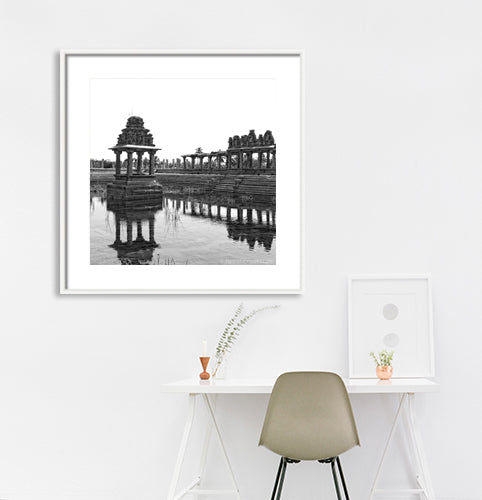 Pushkarini at Hampi, a World Heritage Site situated in Karnataka, India. (0230Hampi) This is located at Mahanavmi Dibba, Hampi. Indian Heritage, Art and Culture. A beautiful Pushkarini. Surrounded by water body. 1300th Century. Fine Art Photography on Canvas Printing Indian Temples Fine Art Culture Carving Stone Black and White black&white B&W World Heritage Site BW Hampi