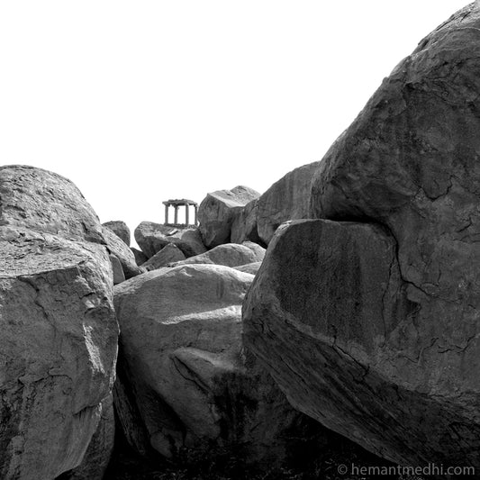 Stone Structure view from Hemkuta. Hampi, a World Heritage Site situated in Karnataka, India. This is located at Hemkuta, Hampi. Indian Heritage, Art and Culture. This Fine Art Photograph is printed on Canvas. Fine Art Photography on Canvas Printing Indian Temples Fine Art Culture Carving Stone Black and White black&white B&W World Heritage Site BW Hampi