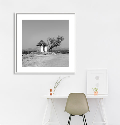 Temple view at Hemkuta. Hampi, a World Heritage Site situated in Karnataka, India. (0336Hampi) This is located at Hemkuta, Hampi. Indian Heritage, Art and Culture. This Fine Art Photograph is printed on Canvas. Fine Art Photography on Canvas Printing Indian Temples Fine Art Culture Carving Stone Black and White black&white B&W World Heritage Site BW Hampi