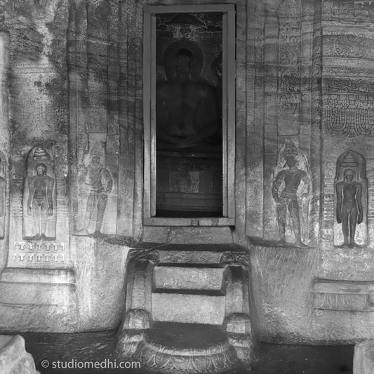 Badami Caves - Mahavir Jain Sculptures, Cave Temple 4 Entrance Front (with Frame)