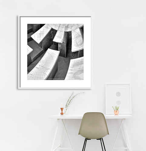 Rajasthan - The Jantar Mantar, Jaipur is a collection of 19 astronomical instruments. (IMG_4259 Rajasthan) The Jantar Mantar, Jaipur is a collection of 19 astronomical instruments built by the Rajput king Sawai Jai Singh II, the founder of Jaipur, Rajasthan. The monument was completed in 1734. It features the world's largest stone sundial, and is a UNESCO World Heritage site. It is near City Palace and Hawa Mahal. This Fine Art Photograph is printed on Canvas.