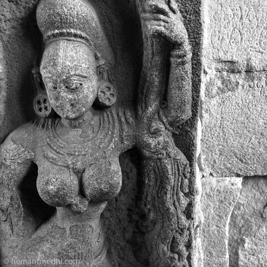 Shalbhanjika at the entrance of the Temple., Hampi. (_MG_6729 Hampi) A Unesco World Heritage Site situated in Karnataka, India. Indian Heritage, Art and Culture. Fine Art Photography on Canvas Printing Indian Temples Fine Art Culture Carving Stone Black and White black&white B&W World Heritage Site BW Hampi