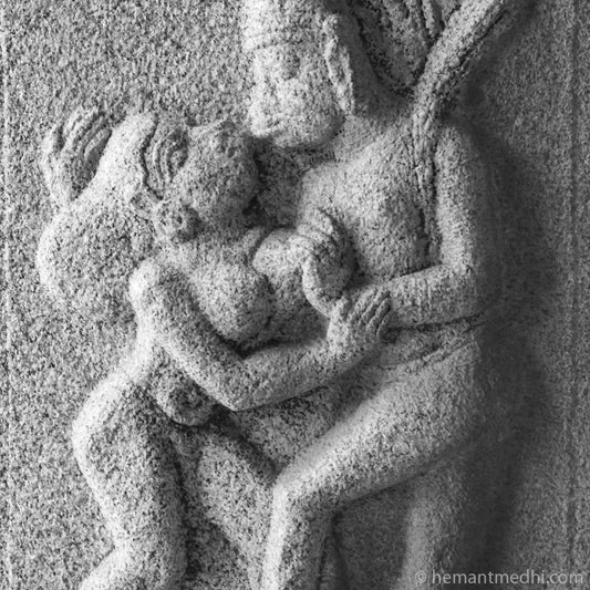 Kamdeva carved in stone on a pillar at Vijayvitthala Temple Hampi. (_MG_7063 Hampi) A Unesco World Heritage Site situated in Karnataka, India. Indian Heritage, Art and Culture. Fine Art Photography on Canvas Printing Indian Temples Fine Art Culture Carving Stone Black and White black&white B&W World Heritage Site BW Hampi