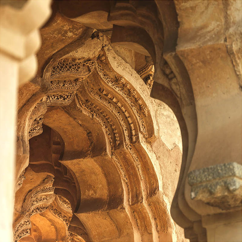 In this abstract fine art photograph, titled "Golden Hour Whispers," we are transported to the enchanting world of the Lotus Mahal. Carved into the very stone that has borne witness to centuries of history, delicate motifs of birds and leaves stand as timeless testaments to the skill and vision of artisans from the past. Their intricacy and artistry mirror the intricacies of life itself.