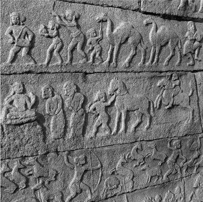 Life Events Carved on Stone. (0141) Hampi, a World Heritage Site situated in  Karnataka, India. This is located at Mahanavmi Dibba, Hampi. Indian Heritage, Art and Culture.   A beautiful composition of life events carved in stone at the Mahanavmi Dibba area.  Fine Art Photography on Canvas Printing Indian Temples Fine Art Culture Carving Stone Black and White black&white B&W World Heritage Site BW Hampi 