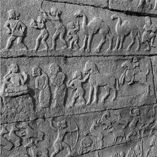 Life Events Carved on Stone. (0141) Hampi, a World Heritage Site situated in  Karnataka, India. This is located at Mahanavmi Dibba, Hampi. Indian Heritage, Art and Culture.   A beautiful composition of life events carved in stone at the Mahanavmi Dibba area.  Fine Art Photography on Canvas Printing Indian Temples Fine Art Culture Carving Stone Black and White black&white B&W World Heritage Site BW Hampi 