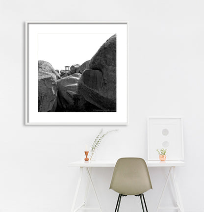 Stone Structure view from Hemkuta. Hampi, a World Heritage Site situated in Karnataka, India. This is located at Hemkuta, Hampi. Indian Heritage, Art and Culture.   This Fine Art Photograph is printed on Canvas.  Fine Art Photography on Canvas Printing Indian Temples Fine Art Culture Carving Stone Black and White black&white B&W World Heritage Site BW Hampi 