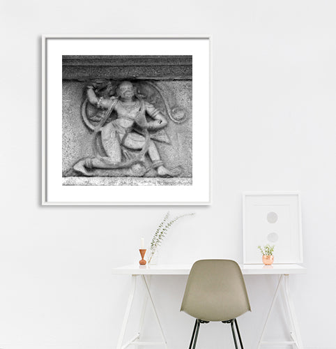 Anjaneya (Hanuman) Carved in Stone. Hampi, a World Heritage Site situated in  Karnataka, India. This is located at Mahanavmi Dibba, Hampi. Indian Heritage, Art and Culture.   This Fine Art Photograph is printed on Canvas. Available in 9x9 inches, 12x12 inches and 24x24 inches. Customised sizes are also available on request. Fine Art Photography on Canvas Printing Indian Temples Fine Art Culture Carving Stone Black and White black&white B&W World Heritage Site BW Hampi 