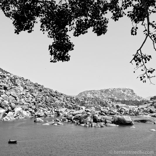 Landscape at Tungbhadra River. Hampi, a World Heritage Site situated in Karnataka, India. Indian Heritage, Art and Culture. (0506Hampi) Fine Art Photography on Canvas Printing Indian Temples Fine Art Culture Carving Stone Black and White black&white B&W World Heritage Site BW Hampi 