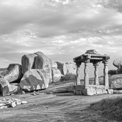 Stone structure on Hemakuta. Hampi. (A_6121223Hampi) A World Heritage Site situated in  Karnataka, India. This is located at Hemakuta, Hampi. A Unesco World Heritage Site.  Indian Heritage, Art and Culture.   This Fine Art Photograph is printed on Canvas.