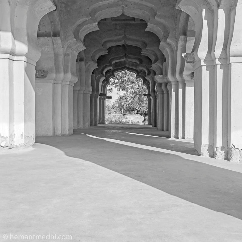 Arch Lobby Lotus Mahal, Hampi. (_MG_7179 Hampi) A Unesco World Heritage Site situated in Karnataka, India. Indian Heritage, Art and Culture.   This Fine Art Photograph is printed on Canvas. Available in 9x9 inches, 12x12 inches and 24x24 inches. Customised sizes are also available on request. Fine Art Photography on Canvas Printing Indian Temples Fine Art Culture Carving Stone Black and White black&white B&W World Heritage Site BW Hampi 